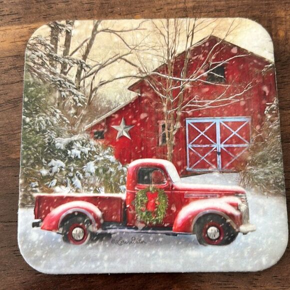Christmas Farmhouse Barn and Red Pickup Truck Cork Coasters and Towel (new) - Picture 3 of 11